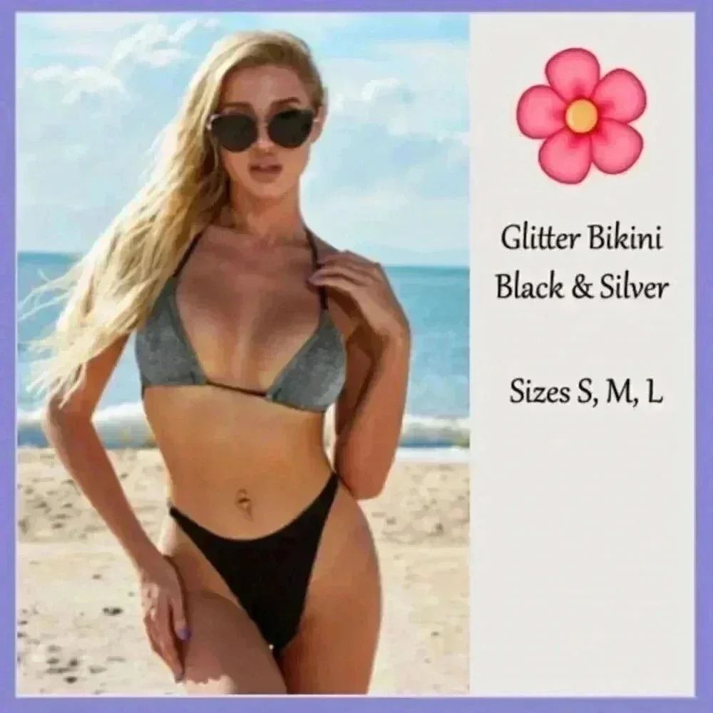 🔥 Silver & Black Glitter Bikini – Sexy & Sparkly! 🔥